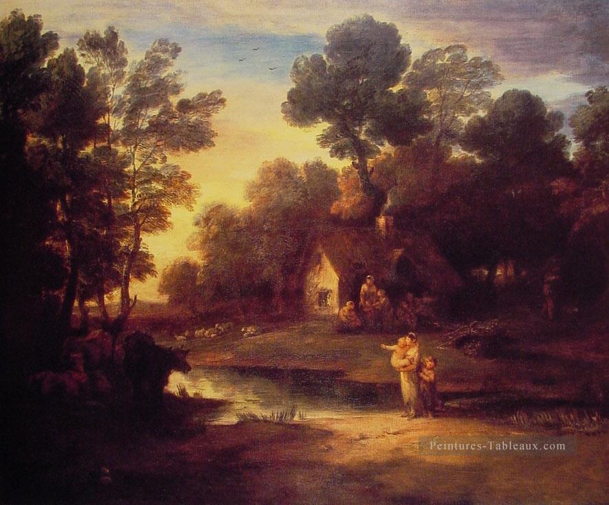 Paysage boisé avec des bovins près d’une piscine et un chalet Thomas Gainsborough Peintures à l'huile
